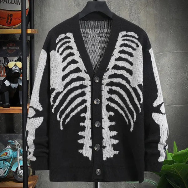 skull printed long sleeve cardigan sweater